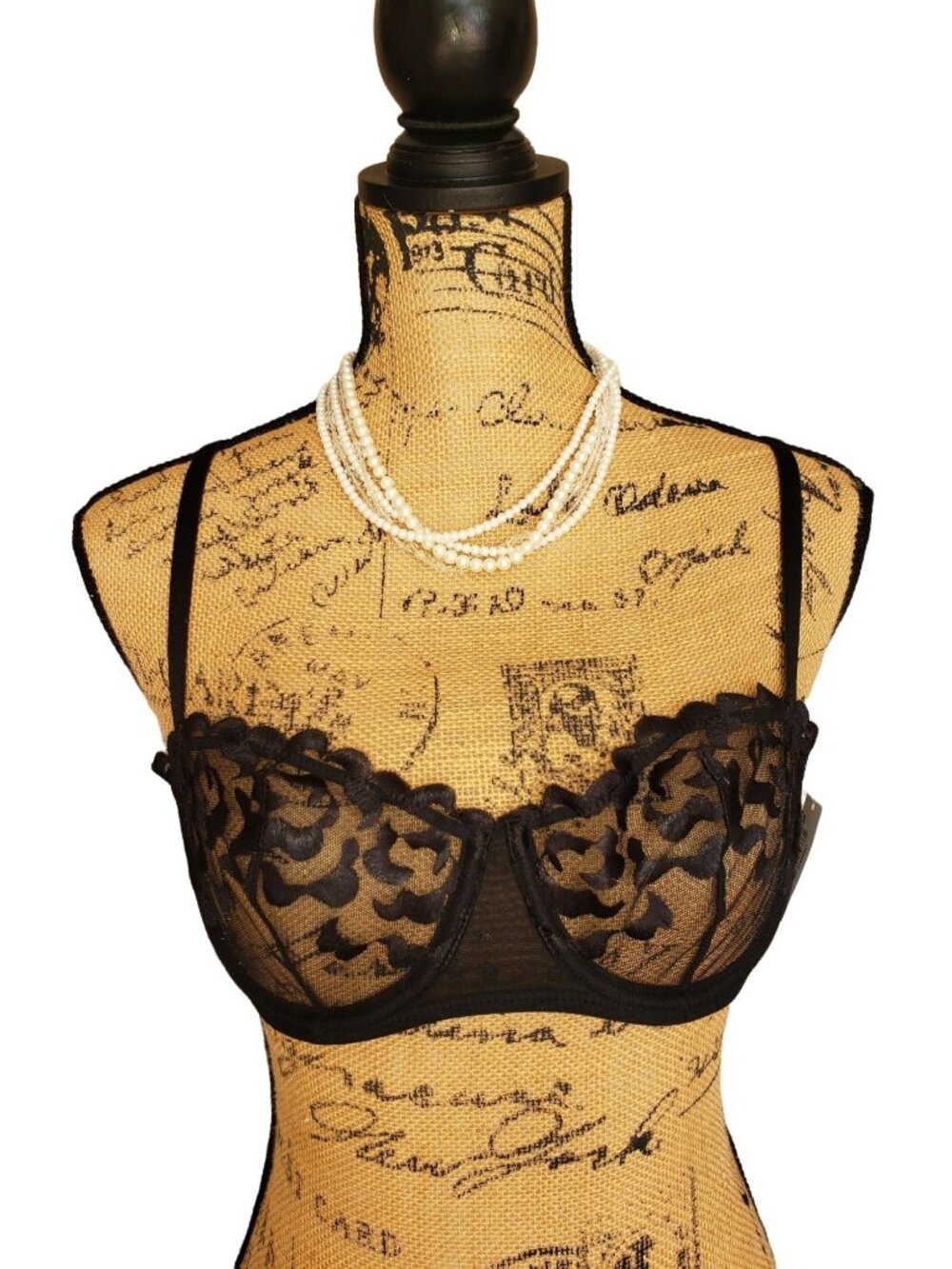 Adore Me Tiana 36B Balconette Bra Black Sheer Lace Unlined Underwire Embroidered